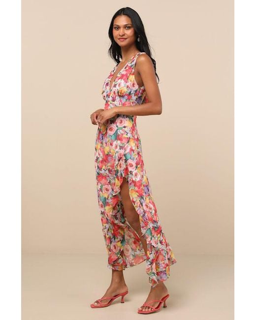 Lulus Pink Laraline Multi Floral Ruffled Cowl Back Maxi Dress
