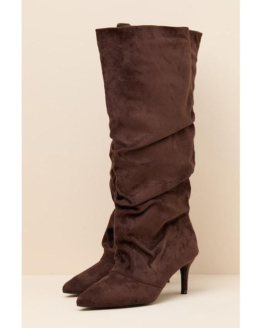 Lulus Brown Maggie Suede Pointed-Toe Ruched Knee-High Boots