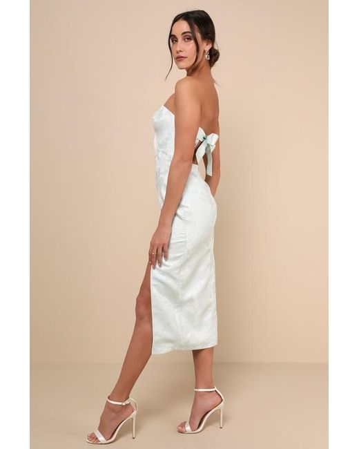 Lulus Natural Beloved Belle Mint Jacquard Strapless Bow Midi Dress