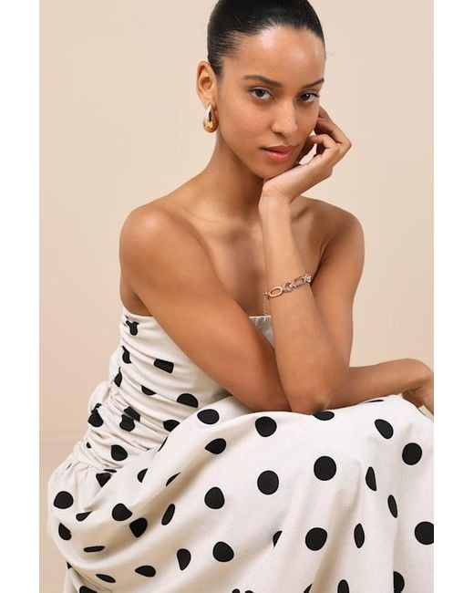 4th & Reckless White Brona Cream Polka Dot Ruched Drop Waist Strapless Midi Dress