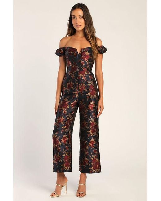 Lulus Blue New Glam Floral Jacquard Off-The-Shoulder Jumpsuit