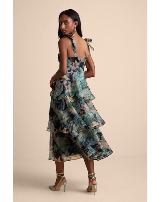Lulus Black Playfully Posh Floral Organza Tie-Strap Tiered Midi Dress
