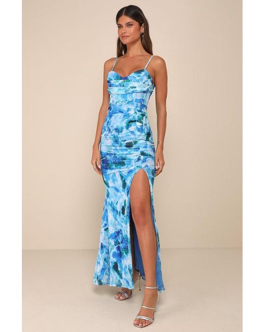 Lulus Blue Stunning Wonder Floral Mesh Bustier Mermaid Maxi Dress