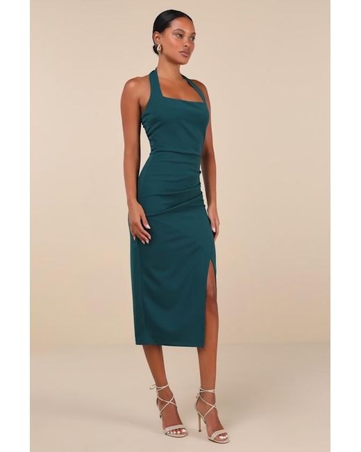 Lulus Blue Prominent Charm Emerald Halter Bodycon Tulip Midi Dress