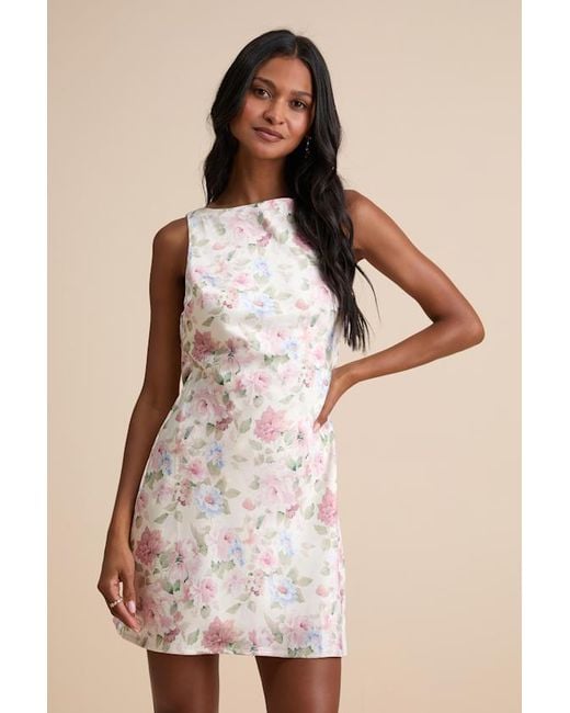 Lulus Natural Coralise Cream Floral Satin Cowl Back Mini Dress