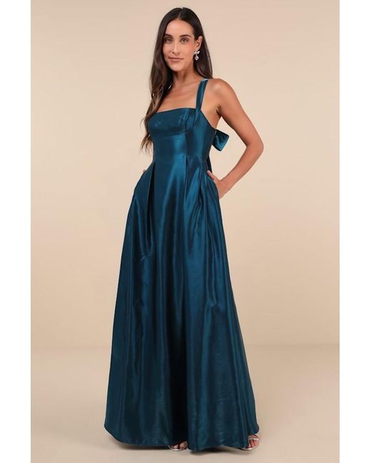 Lulus Blue Immaculate Aura Shiny Dark Taffeta Maxi Dress With Pockets