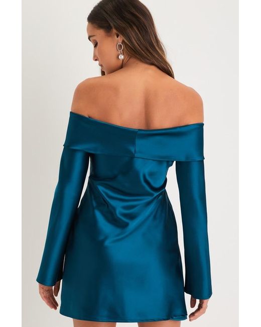 Lulus Blue Luxurious Vision Satin Off-The-Shoulder Mini Dress