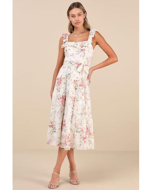 Lulus Natural Shela Floral Jacquard Tiered Midi Dress