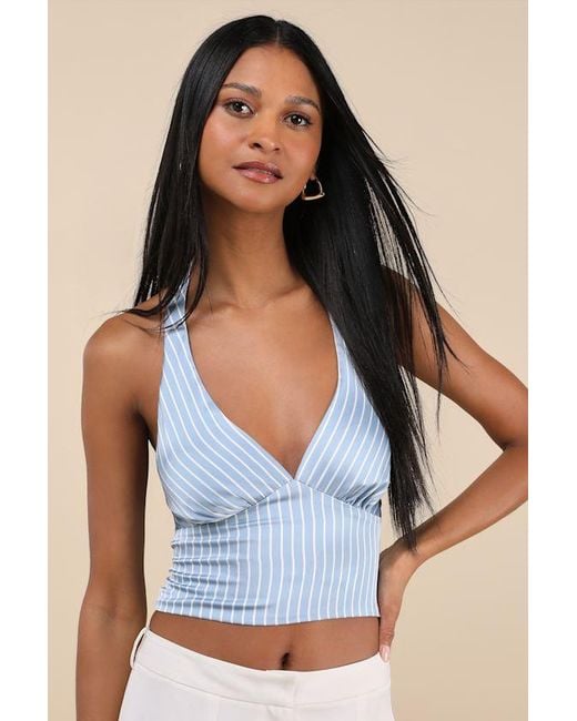 Lulus Blue Damaina Striped Satin Tie-Back Halter Top