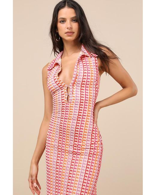 Lulus Pink Nivara Cream And Multi Crochet Collared Midi Dress