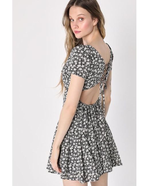 Lulus Gray Here To Adore Floral Lace-Up Mini Dress