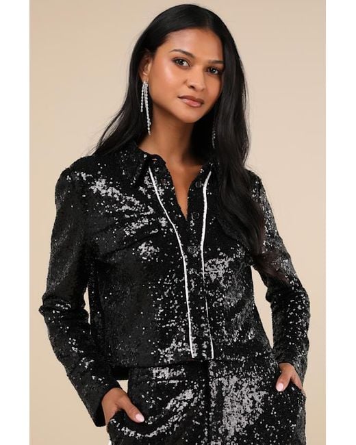 Lulus Black Sparkly Mood Sequin Collared Crop Top