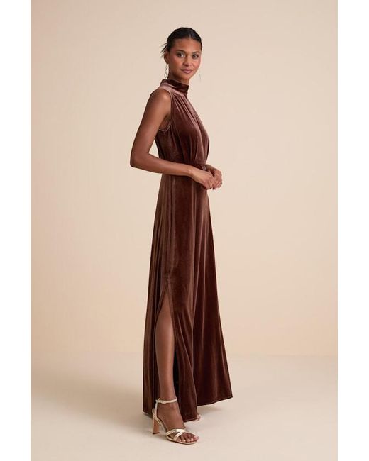 Lulus Brown Classic Elegance Velvet Sleeveless Mock Neck Maxi Dress