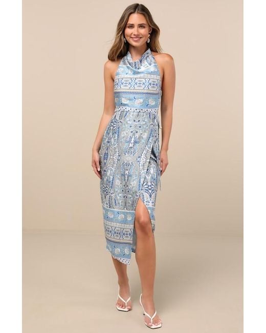Lulus Blue Radina Paisley Print Satin Halter Midi Wrap Dress