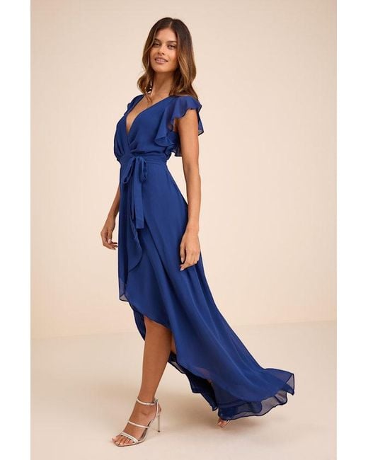 Lulus Blue Ravishing Charm Ruffled Wrap High-Low Maxi Dress