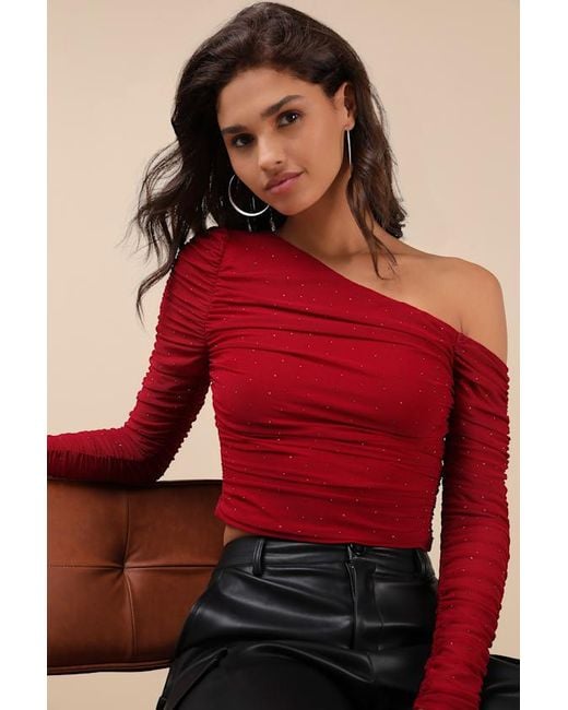 Lulus Red Popular Sparkle Rhinestone Asymmetrical Crop Top