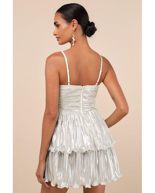 Lulus Natural Glorious Shine Metallic Pearl Tiered Mini Dress