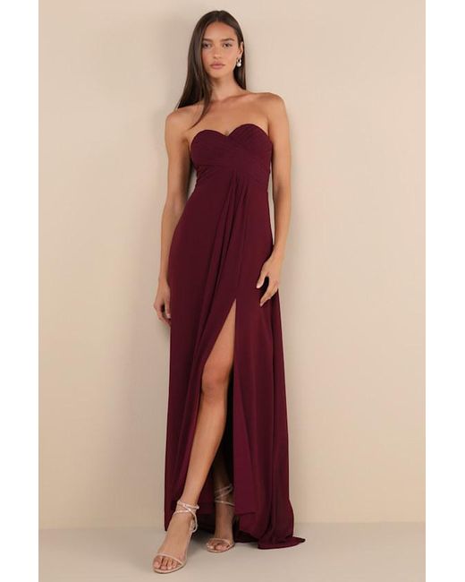 Lulus Red Splendid Aura Plum Chiffon Pleated Strapless Maxi Dress