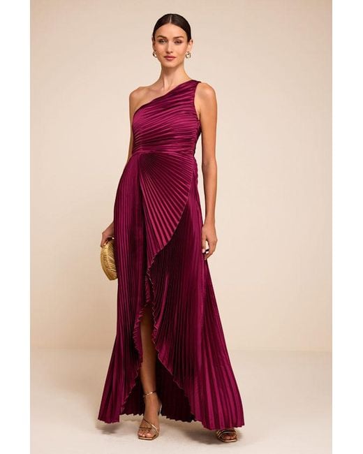 Lulus Red Adaya Satin Pleated One-Shoulder Maxi Dress