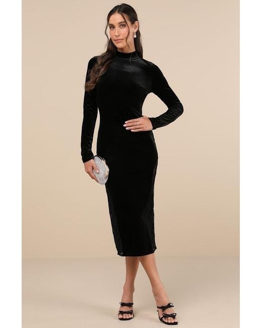 Lulus Black Eloquent Drama Velvet Mock Neck Midi Dress