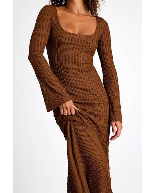 Lulus Brown Nelida Textured Long Sleeve Midi Dress