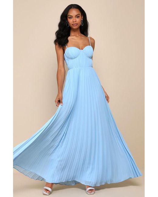 Lulus Blue Admirable Elegance Pleated Bustier Maxi Dress