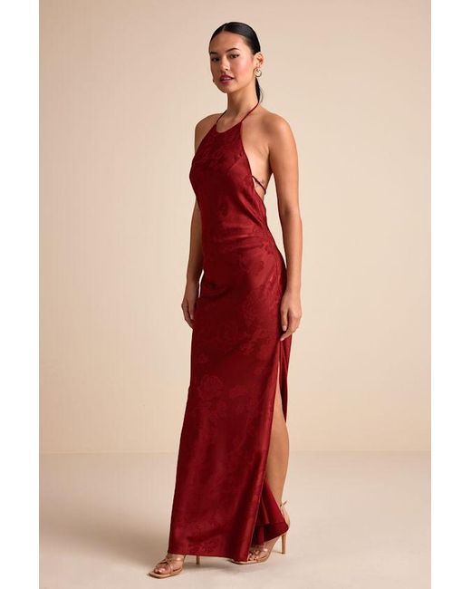 Lulus Red Ayura Satin Jacquard Tie-Back Halter Maxi Dress