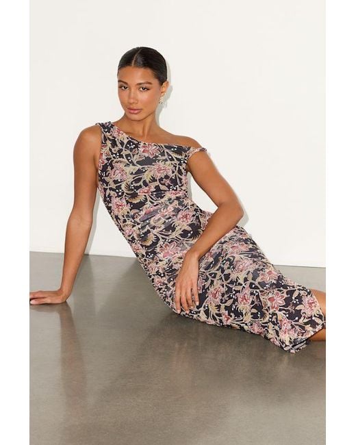 Lulus Black Mizela Floral Mesh One-Shoulder Midi Dress