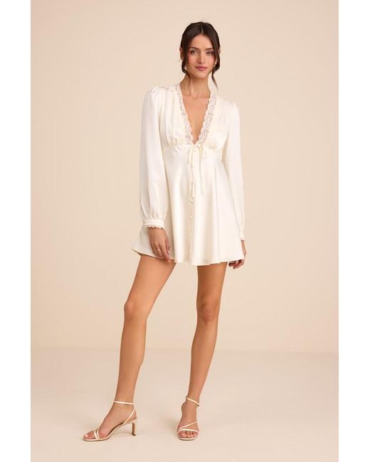Lulus Natural Goldia Satin Long Sleeve Babydoll Mini Dress