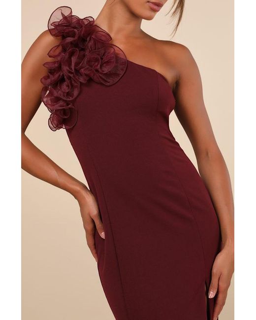 Lulus Red Stunning Significance Plum One-Shoulder 3D Ruffled Maxi Dress