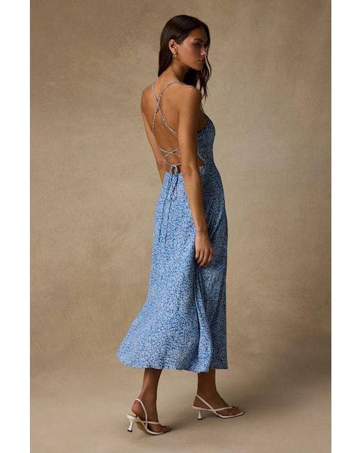 Lulus Blue Charming Dedication Floral Sleeveless Lace-Up Midi Dress