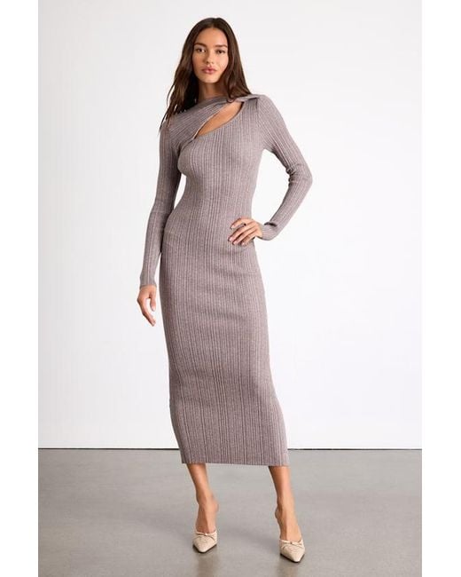 Lulus Gray Mattea Ribbed Cutout Long Sleeve Sweater Midi Dress