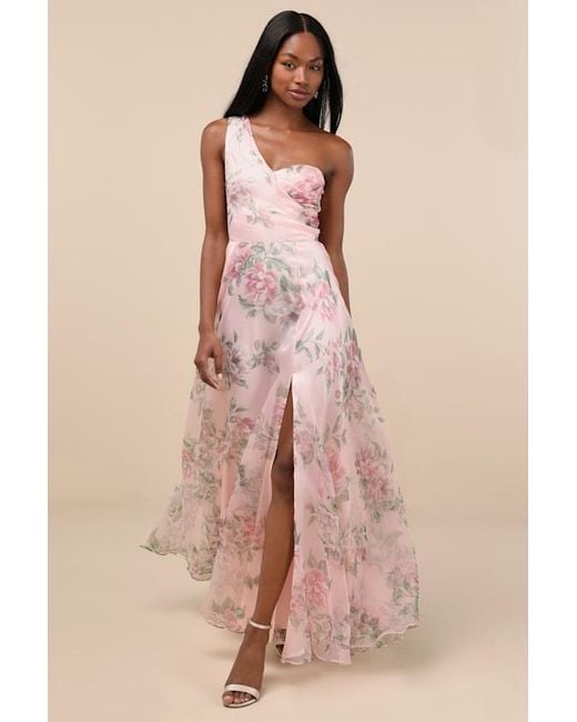 Lulus Pink Truly Extraordinary Floral Organza One-Shoulder Maxi Dress