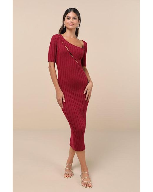 Lulus Pink Flattering Aura Ribbed Asymmetrical Cutout Midi Dress
