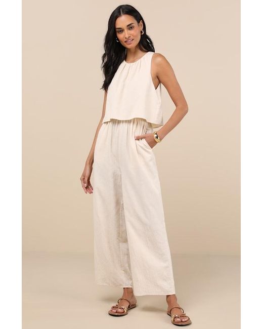 Lulus Natural Breezy Sophistication Textured Wide-Leg Jumpsuit