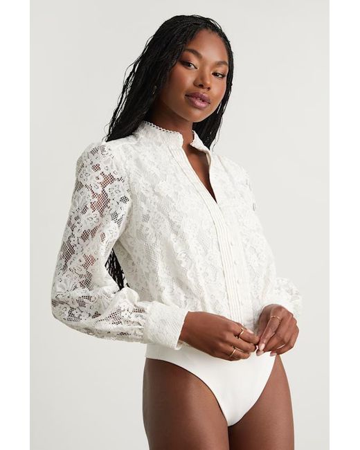 Lulus White Mirabie Lace Button-Front Long Sleeve Bodysuit