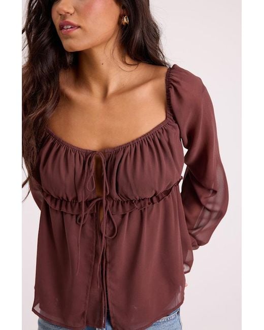 Lulus Red Lemmie Chiffon Tie-Front Long Sleeve Top