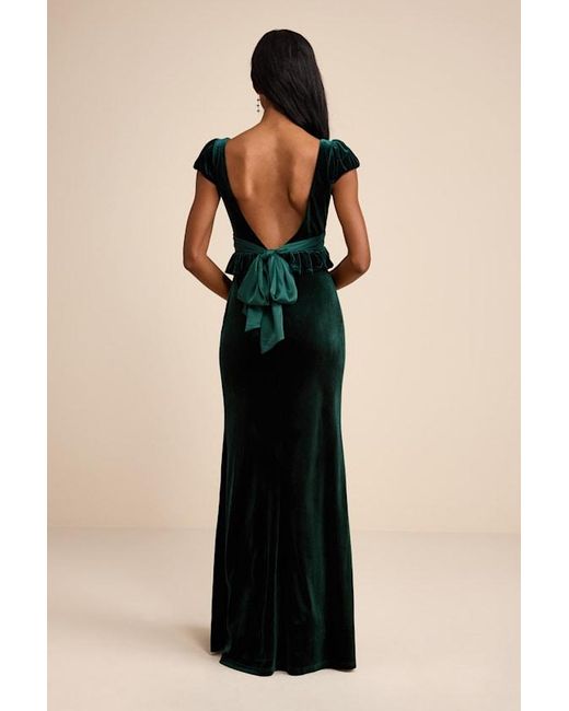 Lulus Black Romari Emerald Velvet Ruffled Puff Sleeve Bow Maxi Dress