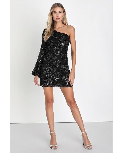 Lulus Black Effervescent Sparkle Sequin Embroidered One-Shoulder Dress