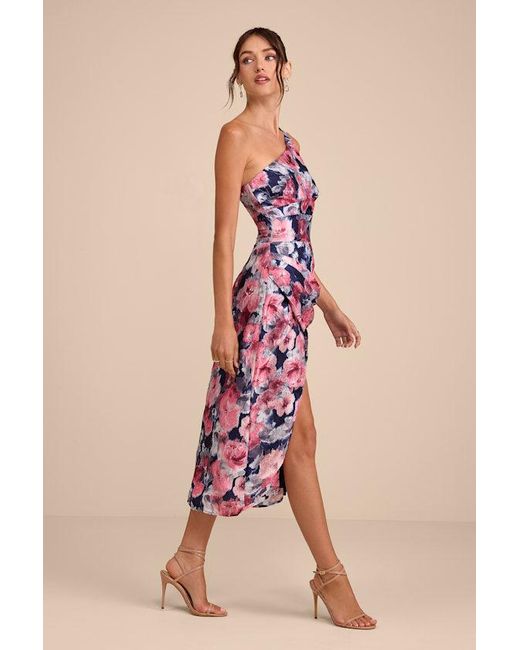 Lulus Pink Jemmilah Floral Textured One-Shoulder Midi Dress