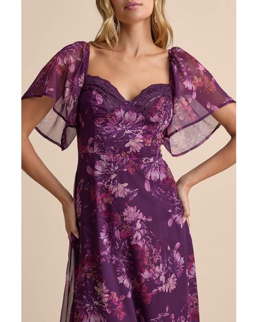 Lulus Purple Valla Floral Flutter Sleeve Midi Dress