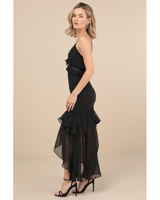 Rare London Black Pavani Sheer Chiffon Ruffled High-Low Midi Dress