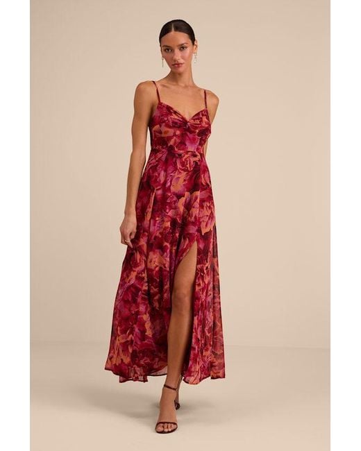 Lulus Red Beautiful Soul Floral Print Twist-Front Maxi Dress