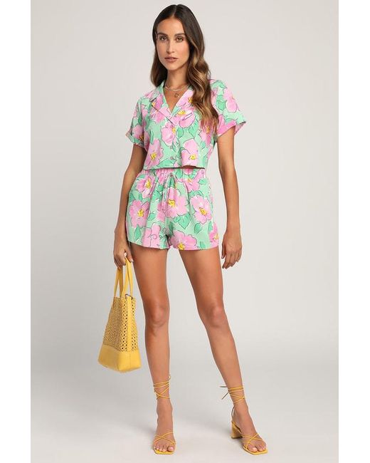 Lush Pink Sun And Blooms Multi Floral Print Two-Piece Romper
