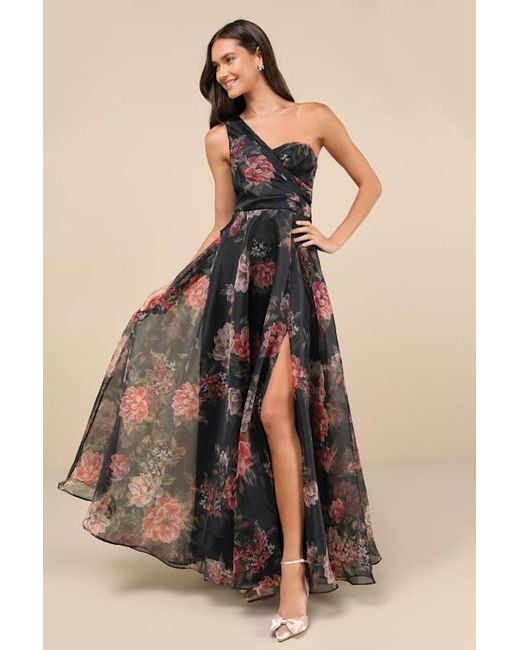 Lulus Natural Truly Extraordinary Floral Organza One-Shoulder Maxi Dress