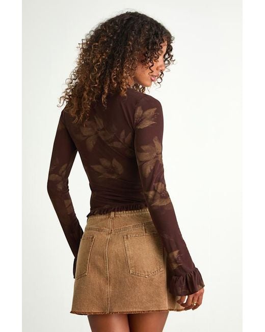 Lulus Brown Glynn Floral Mesh Long Sleeve Top