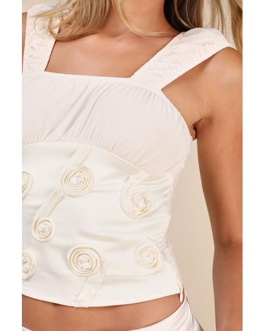 ZEMETA Natural Rose Crush Rosette Satin Lace Sheer Back Tank Top