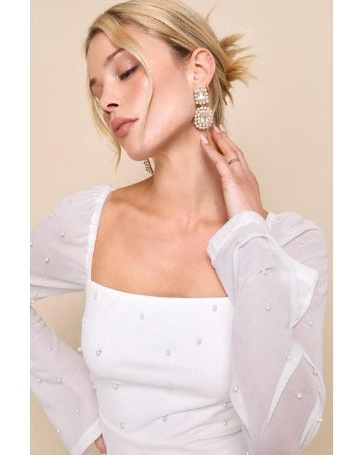 Lulus White Flirty Luxury Mesh Pearl Long Sleeve Mini Dress