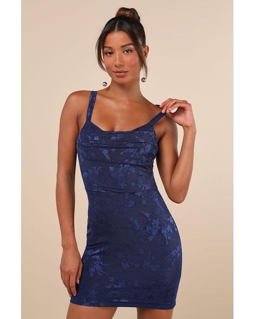Lulus Blue Ever So Flirty Mesh Floral Cowl Bodycon Mini Dress
