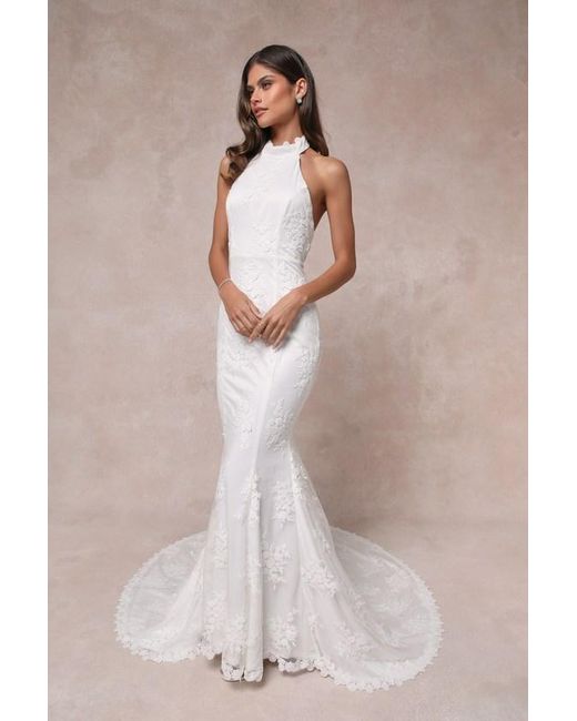 Lulus White Dreamy Glamour Embroidered Halter Mermaid Maxi Dress